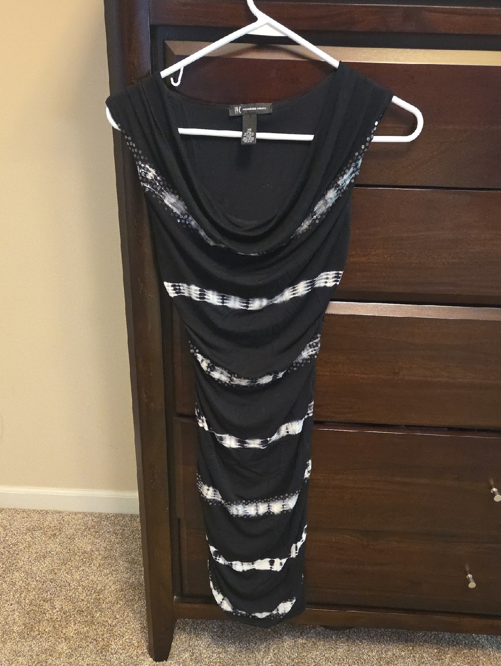 INC International Concepts Black and White Draped Tie-Dye Midi Dress